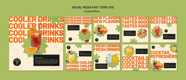 Plantilla de diseño de publicaciones de instagram de menú de cócteles