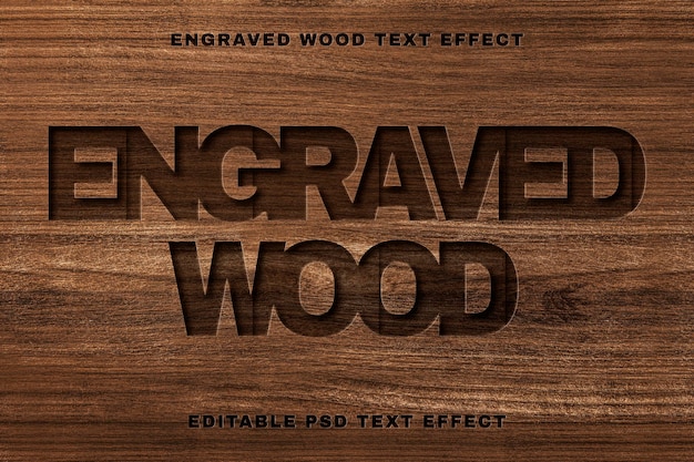 Plantilla editable psd de efecto de texto de madera grabada