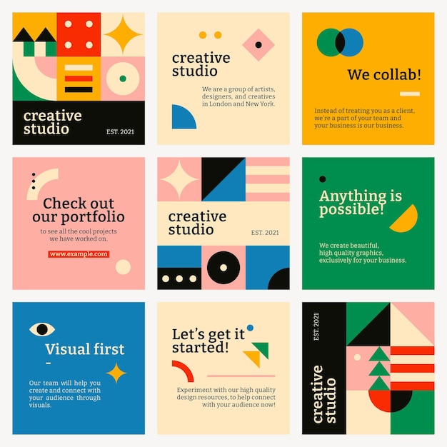 Plantilla editable de redes sociales psd bauhaus inspirado conjunto de diseño plano