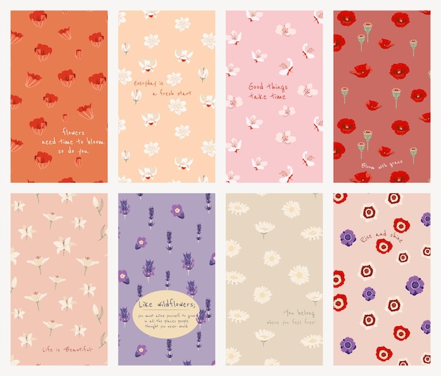 Plantilla de estética floral editable psd para historia de redes sociales con conjunto de citas inspiradoras