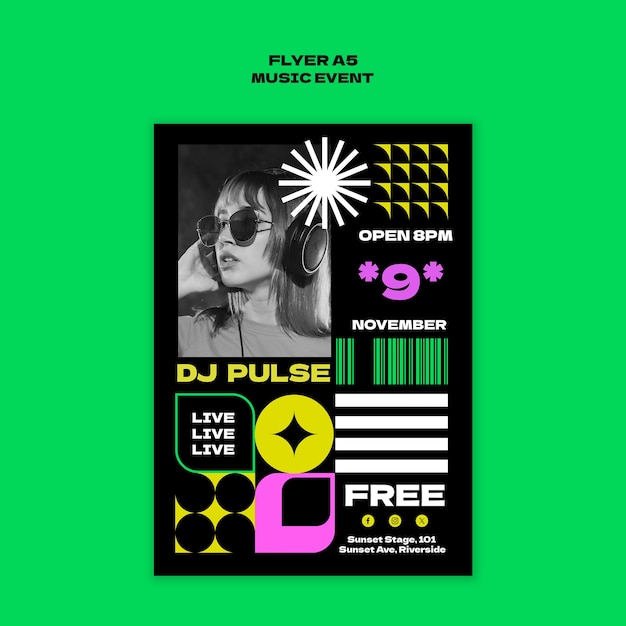 Plantilla de evento musical de diseño plano