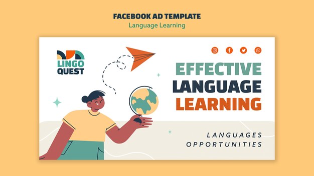 Plantilla de facebook de aprendizaje de idiomas dibujada a mano