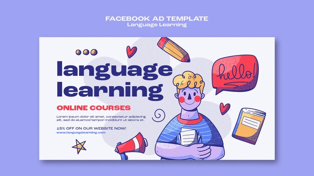 Plantilla de facebook de aprendizaje de idiomas dibujada a mano