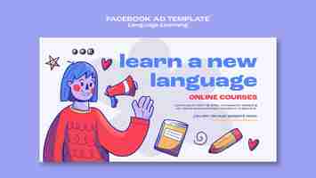 PSD gratuito plantilla de facebook de aprendizaje de idiomas dibujada a mano