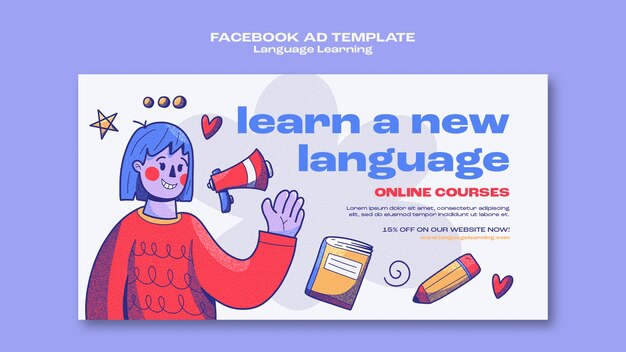 Plantilla de facebook de aprendizaje de idiomas dibujada a mano