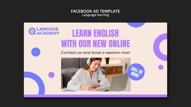 Plantilla de facebook de aprendizaje de idiomas de diseño plano
