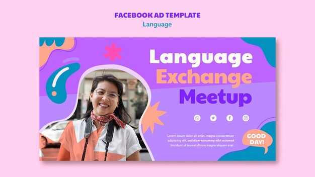 Plantilla de facebook de aprendizaje de idiomas de diseño plano