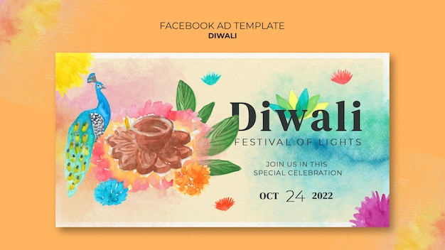 Plantilla de facebook de celebración de diwali en acuarela