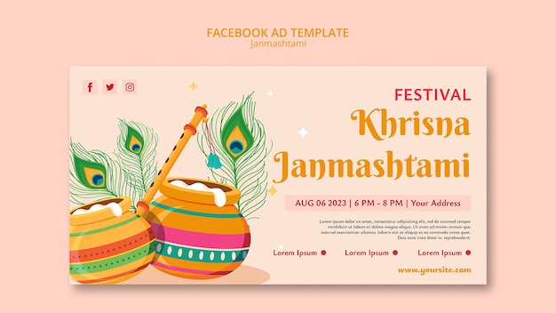 PSD gratuito plantilla de facebook de celebración de janmashtami dibujada a mano