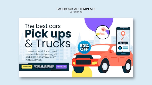 Plantilla de facebook para compartir coche de diseño plano