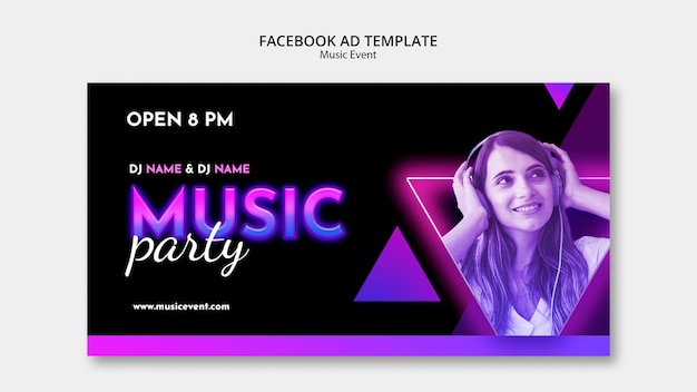 PSD gratuito plantilla de facebook de evento de música de neón degradado