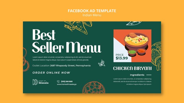 Plantilla de facebook de menú indio dibujado a mano