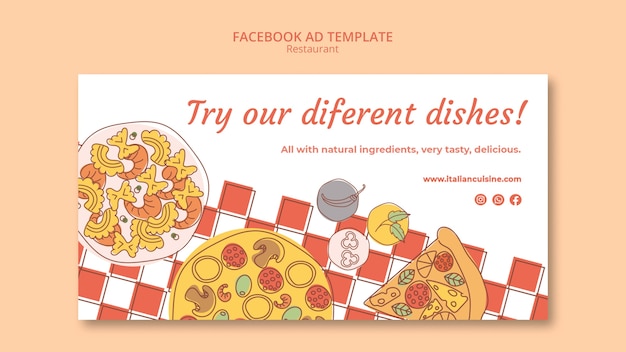 Plantilla de facebook de restaurante de comida dibujada a mano