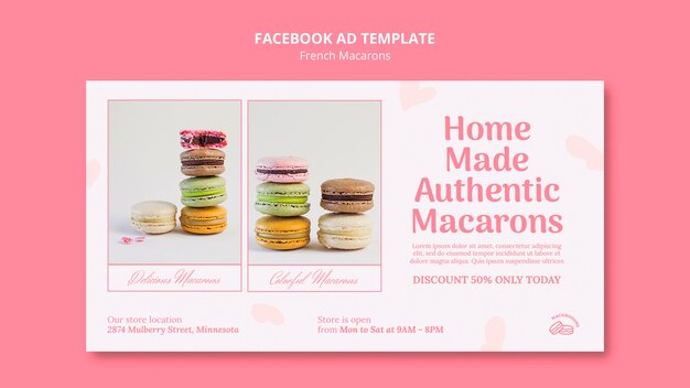 Plantilla de facebook de sabrosos macarons franceses