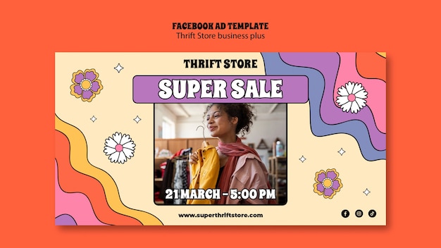 Plantilla de facebook de tienda de segunda mano de diseño plano
