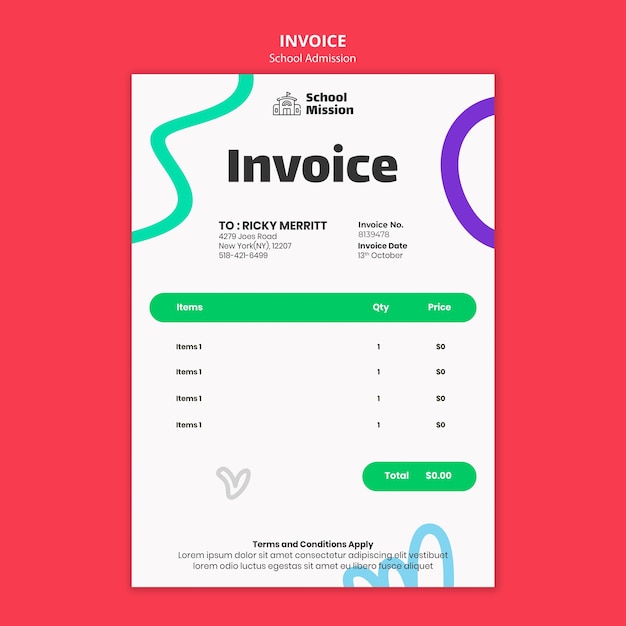 PSD gratuito plantilla de factura de admisión escolar