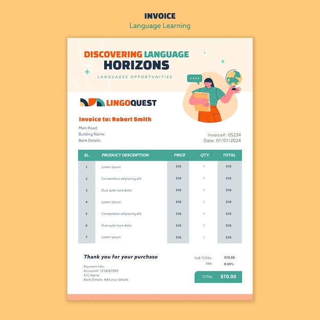 PSD gratuito plantilla de factura de aprendizaje de idiomas dibujada a mano