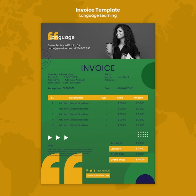 Plantilla de factura de aprendizaje de idiomas de diseño plano