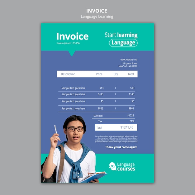 PSD gratuito plantilla de factura de aprendizaje de idiomas