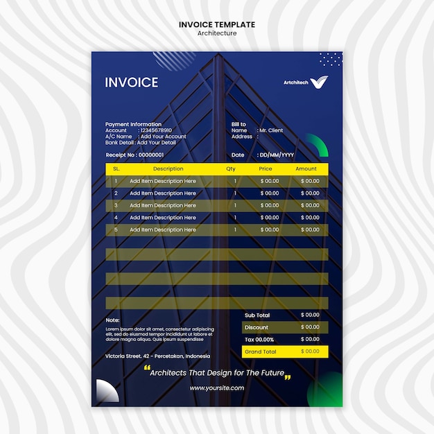 Plantilla de factura de arquitectura de diseño plano