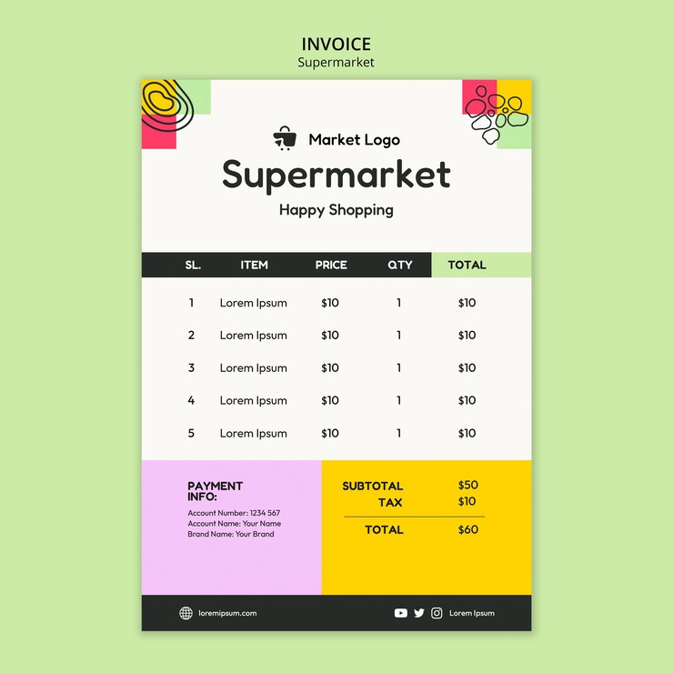 PSD gratuito plantilla de factura comercial de supermercado