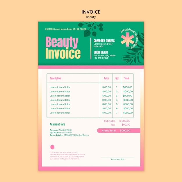 Plantilla de factura de concepto de belleza de diseño plano