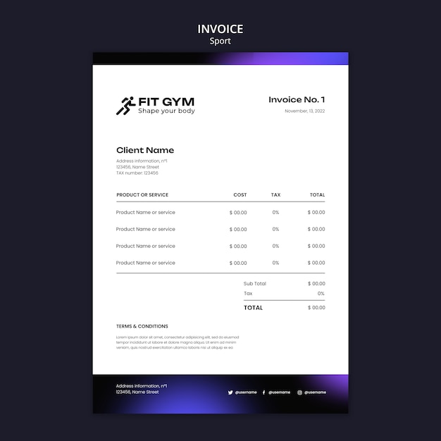 PSD gratuito plantilla de factura de concepto deportivo