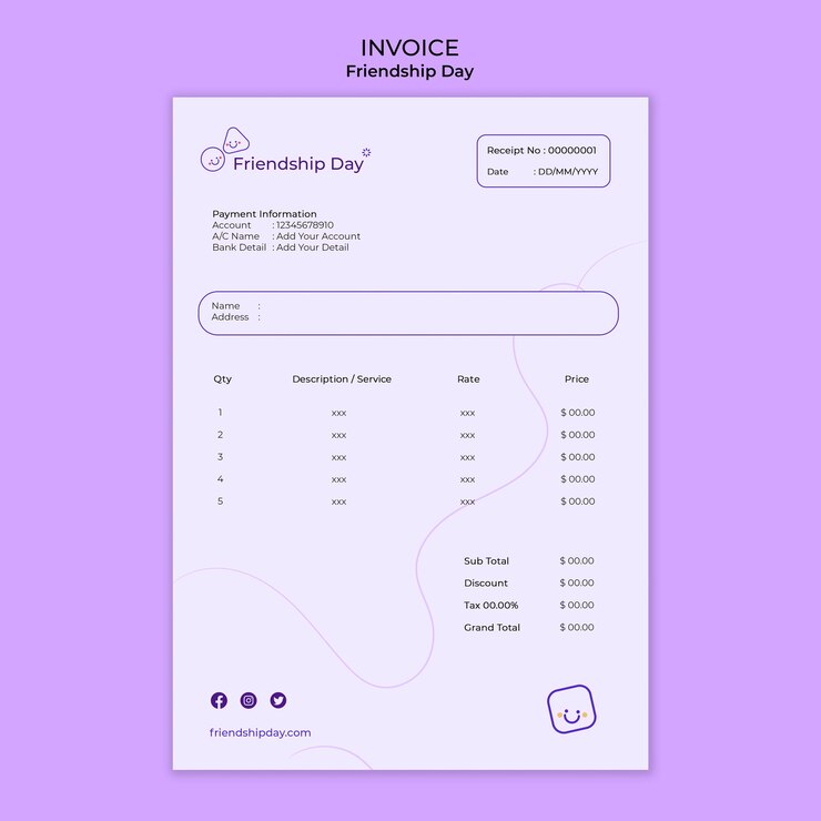 PSD gratuito plantilla de factura del día de la amistad de diseño plano
