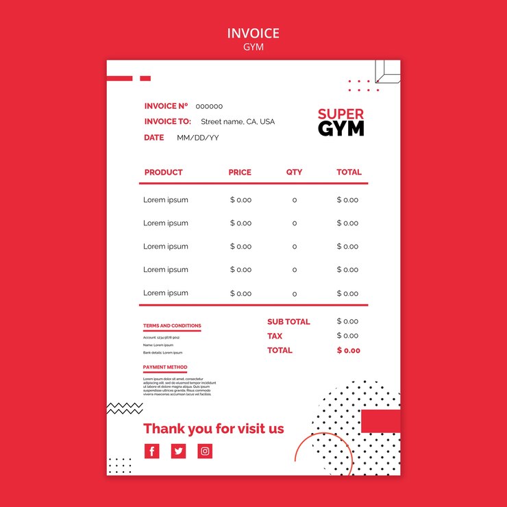 PSD gratuito plantilla de factura de entrenamiento de gimnasio de diseño plano