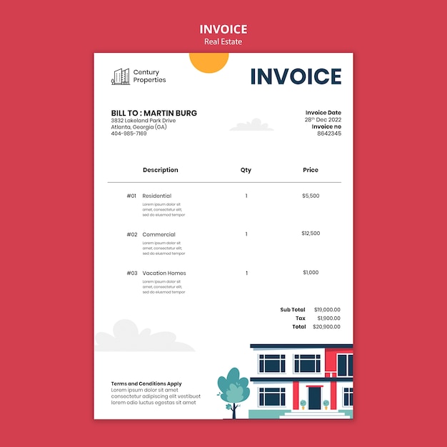 PSD gratuito plantilla de factura inmobiliaria de diseño plano