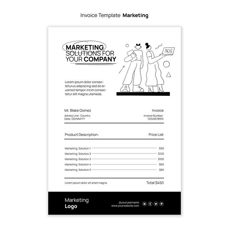 PSD gratuito plantilla de factura de marketing dibujada a mano