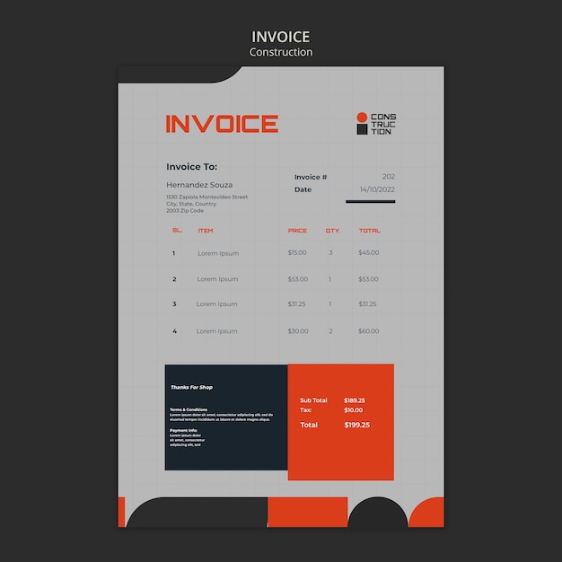 PSD gratuito plantilla de factura de proyecto de construcción