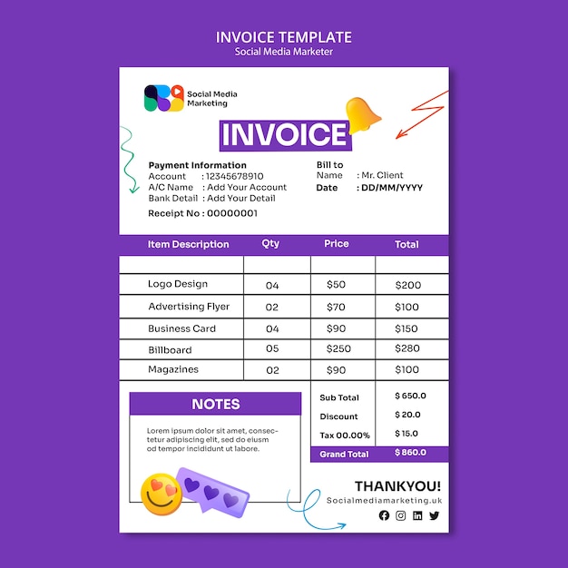 PSD gratuito plantilla de factura de redes sociales de diseño plano