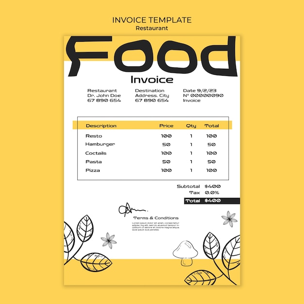 Plantilla de factura de restaurante de comida deliciosa
