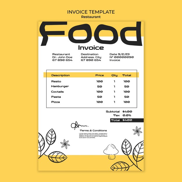 Plantilla de factura de restaurante de comida deliciosa