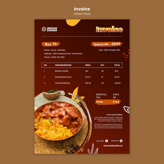 Plantilla de factura de restaurante de comida india