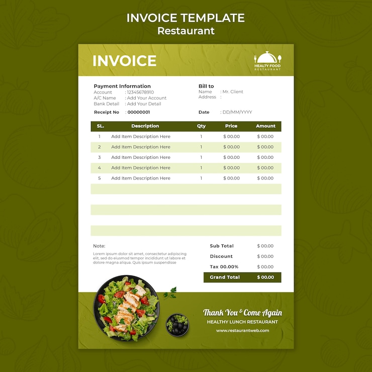 PSD gratuito plantilla de factura de restaurante de comida saludable