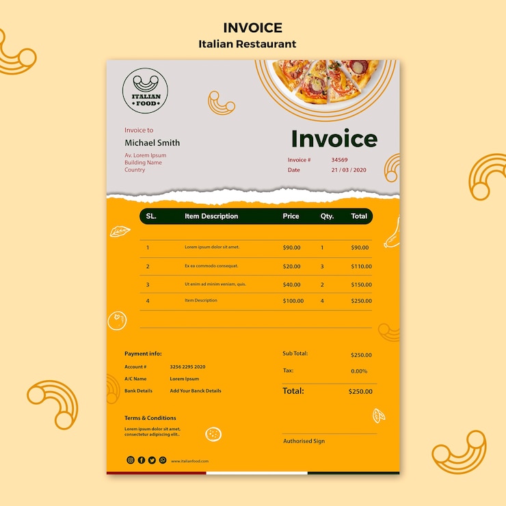 PSD gratuito plantilla de factura de restaurante italiano
