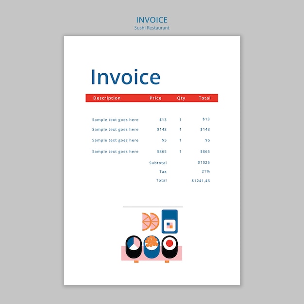 PSD gratuito plantilla de factura de restaurante de sushi de diseño plano