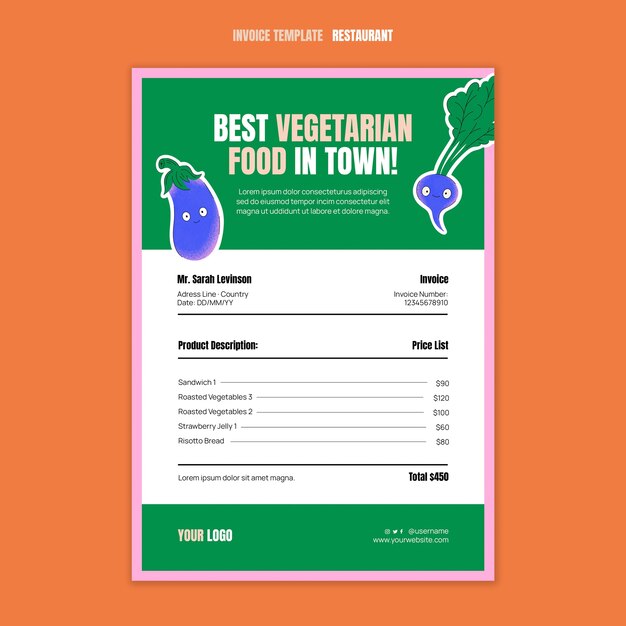 Plantilla de factura de restaurante vegetariano con verduras