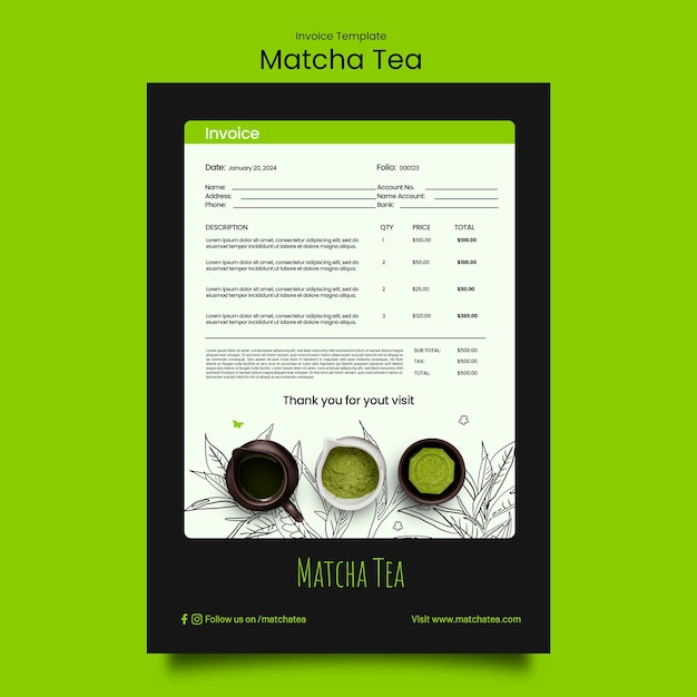 PSD gratuito plantilla de factura de té matcha dibujada a mano