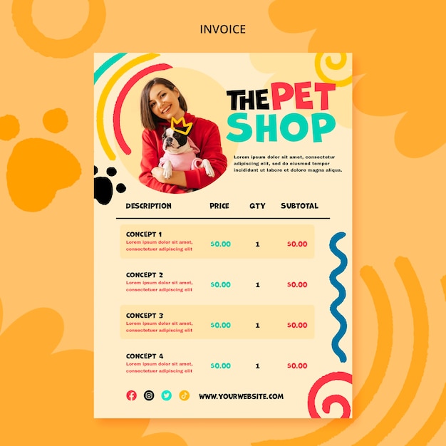 PSD gratuito plantilla de factura de tienda de mascotas de diseño plano