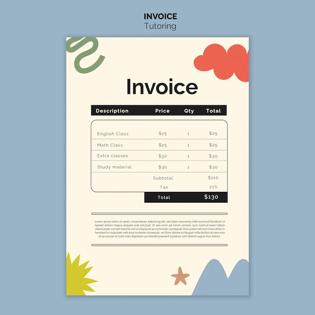 PSD gratuito plantilla de factura de trabajo de tutoría de diseño plano