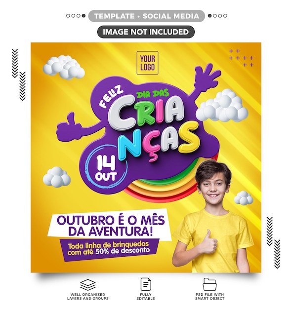 Plantilla de feed de redes sociales Feliz Día del Niño 14 de octubre