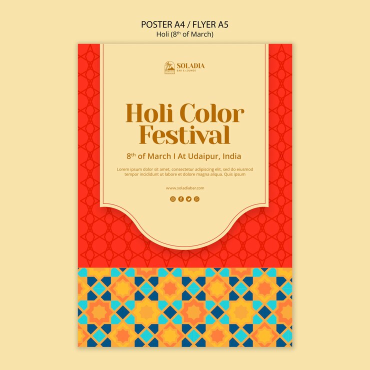 PSD gratuito plantilla de festival holi de diseño plano
