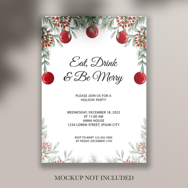 plantilla de fiesta de navidad de invitación de hoja verde y baya roja