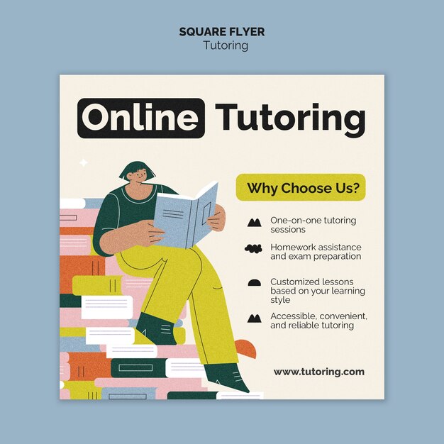 Plantilla de folleto cuadrado de trabajo de tutoría de diseño plano