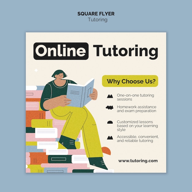 Plantilla de folleto cuadrado de trabajo de tutoría de diseño plano