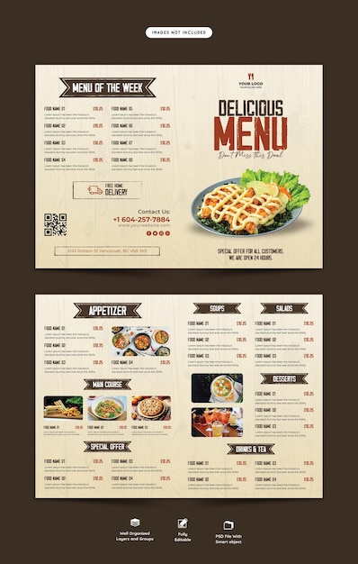 Plantilla de folleto plegable de menú de comida y restaurante