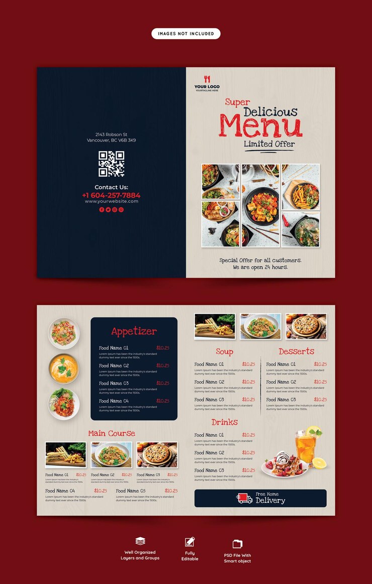 PSD gratuito plantilla de folleto plegable de menú de comida y restaurante